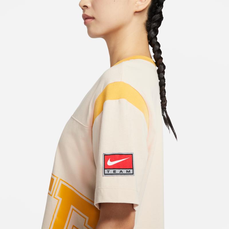 Nike Sportswear Team Logo Letter Print Fashion High Waist Knitted Breathable V-Neck Short Sleeve Cropped Top Women Tops Yellow DQ6596-126