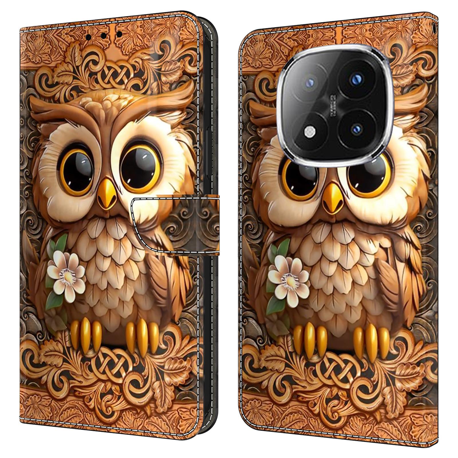 

For Xiaomi Redmi Note 14 Pro+ 5G Case with Card Slot Pattern Printed TPU+PU Leather Flip Phone Cover Red Owl