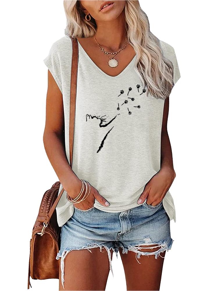 Women Fashion Printed Top Summer V Collar Tee Shirt Ladies Casual Short Sleeve T-shirt