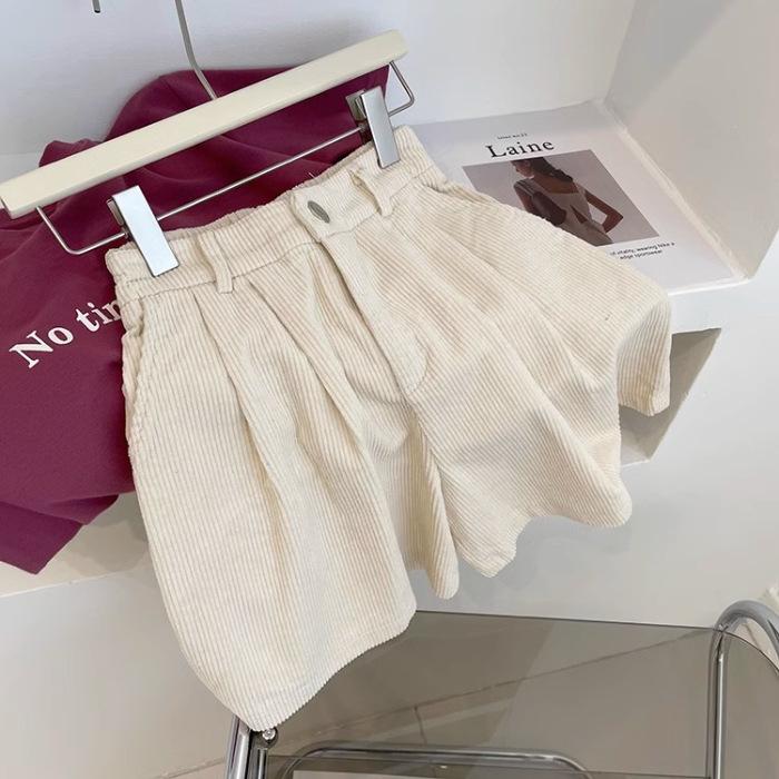 Short Autumn and Winter Casual Pants for Women High Waisted and Slim Hong Kong Style Corduroy Loose Wide Leg Shorts