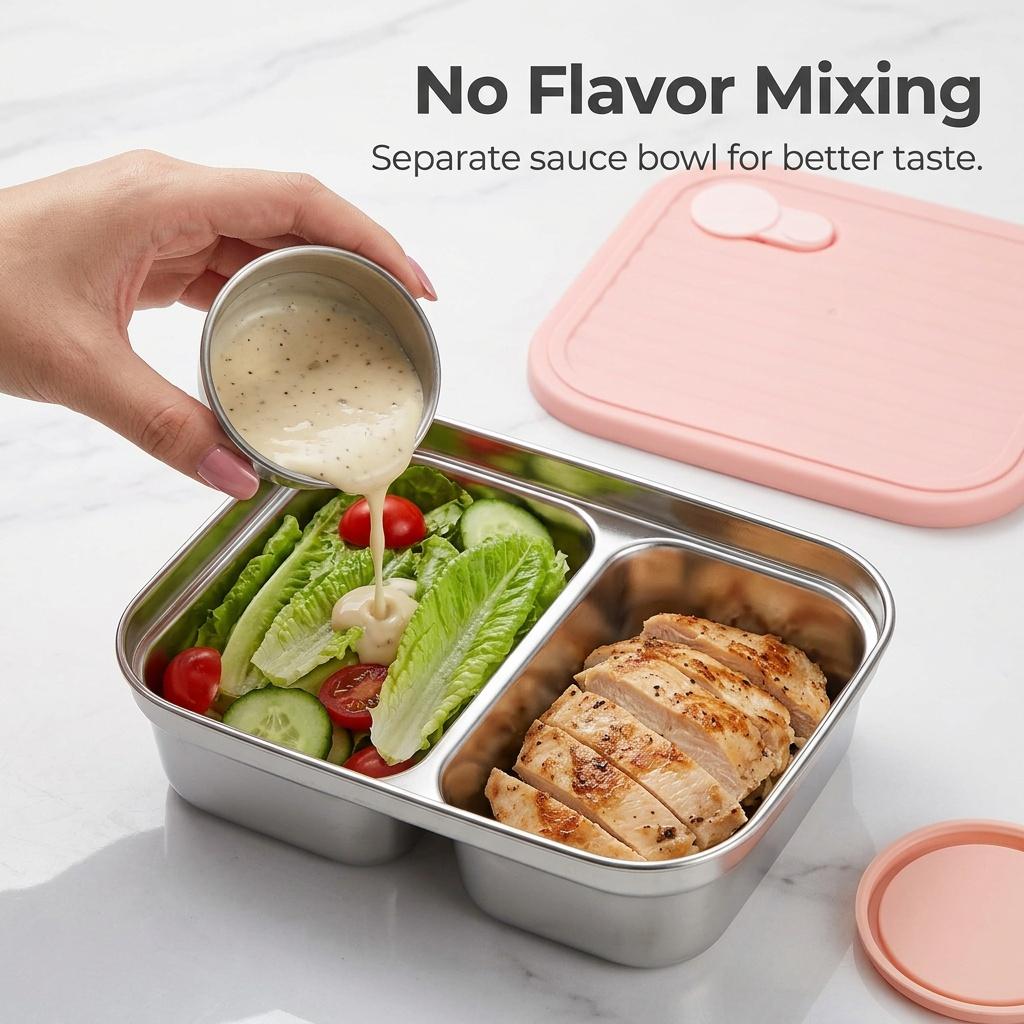 Reusable Bento Lunch Box For Students 304 Stainless Steel Fruit Salad Food Container With Sauce Box Dishwasher&Microwave Safe