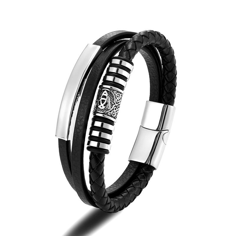 Viking compass Norse Runes Amulet Double-Layer Stainless Steel Men's Leather Bracelet Norse Mythology Jewelry
