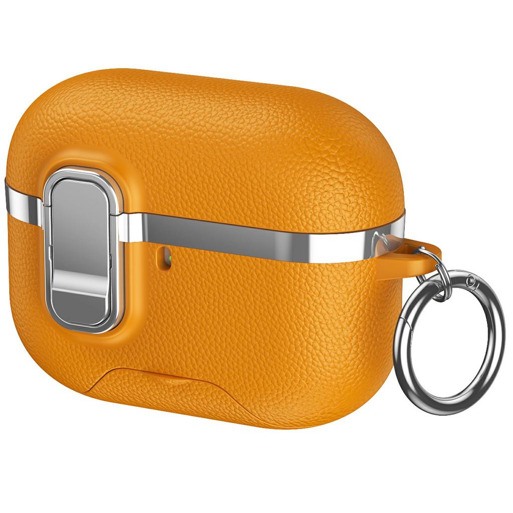 For AirPods Pro 3 Case Foldable Stand Electroplated Litchi Texture TPU PC Earbuds Cover with Switch / Carabiner