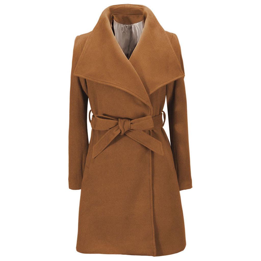 Womens Long Coat Warm Wool Lapel Trench Jacket Cardigan Long Slim Overcoat