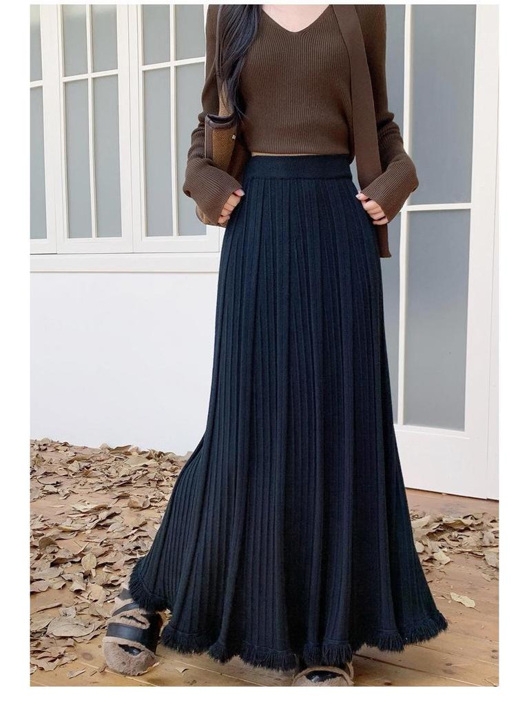 Autumn & Winter Women's Knit Pleated Midi Skirt: Slimming, A-Line, Tassel, Hip-Covering, Big Swing Design