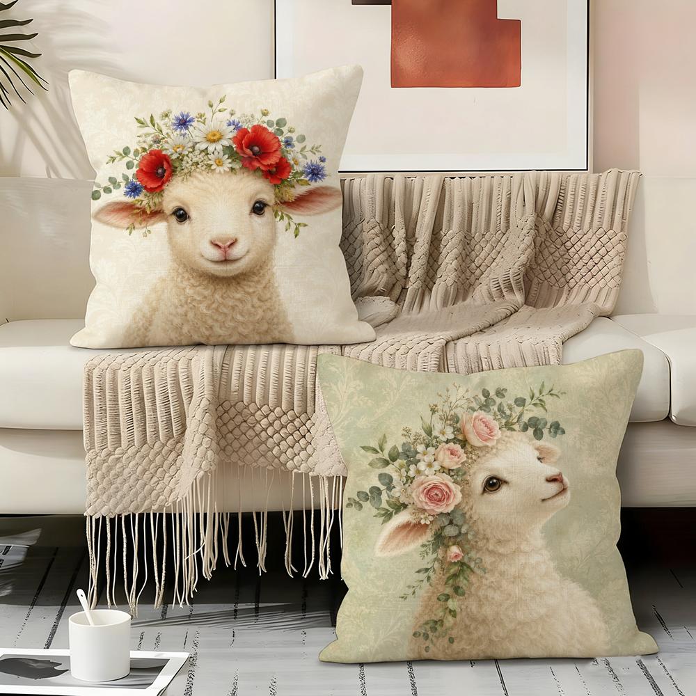 Sheep Lamb Bohemian Flowers Cushion Cover Durable Hypoallergenic Organic Linen Pillow Cover Short Size Washable Skin-Friendly