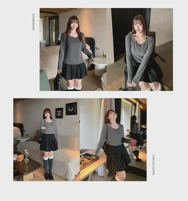 Women's Plus Size Lace Splicing One-Shoulder Long-Sleeve T-Shirt