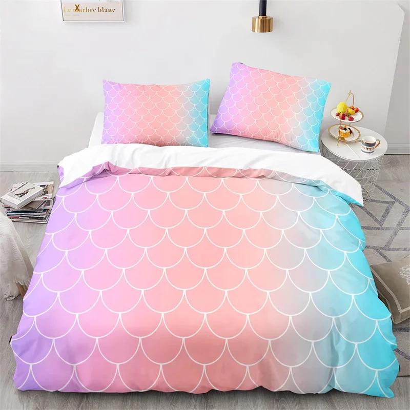 Colorful Fish Scales Bedding Set Twin King For Kids Girl Blue Pink Mermaid Skin Surface Print Duvet Cover Polyester Quilt Cover