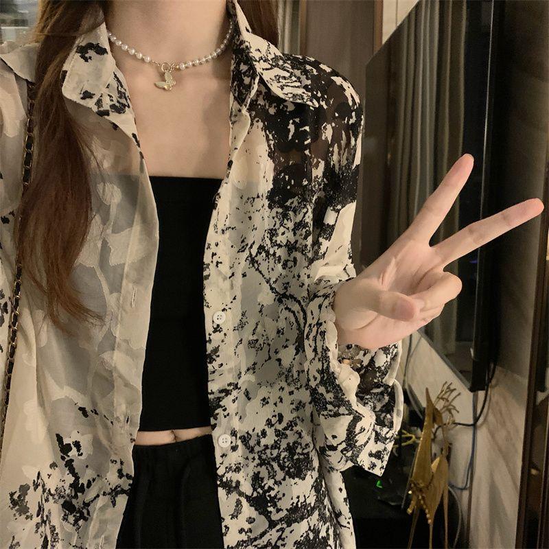 Summer Women's Long Sleeve Shirts Loose Tie Dye Gothic Streetwear All-match Casual Tops Students Blouses Vintage Spring
