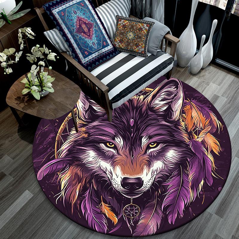 Wolf Dreamcatcher Round Area Rug,Carpet Rug for Living Room Bedroom Sofa Playroom Decor,Non-slip Floor Mat