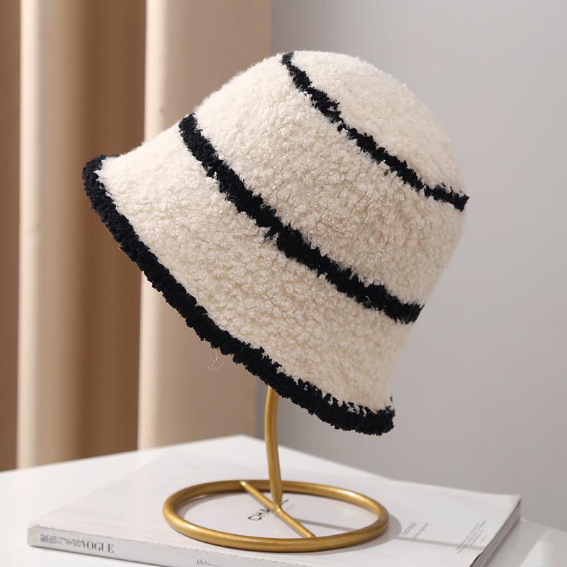 Lamb Wool Contrasting Color Striped Knitted Bucket Hat Women's Autumn and Winter Fashion Show Face Small Warm Fisherman Hat
