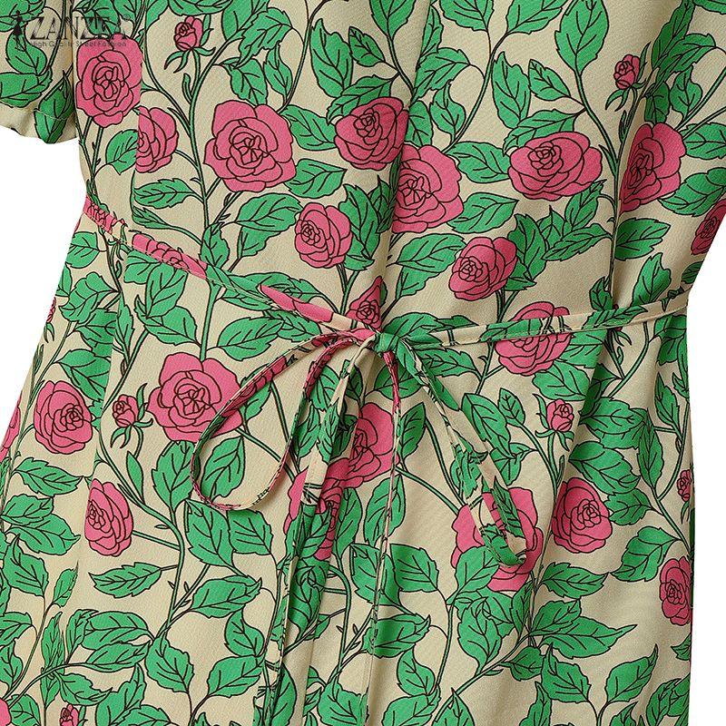 ZANZEA Women Square Collar Loose Casual Floral Print Short Sleeve Dress