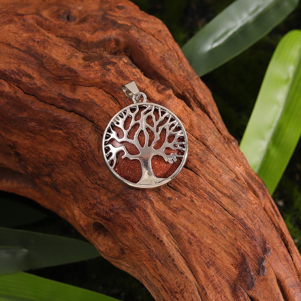 Cross Hollow Life Tree Pendant: Natural Crystal Agate Money Tree Necklace, Natural Stone Round Wishing Tree Pendant.