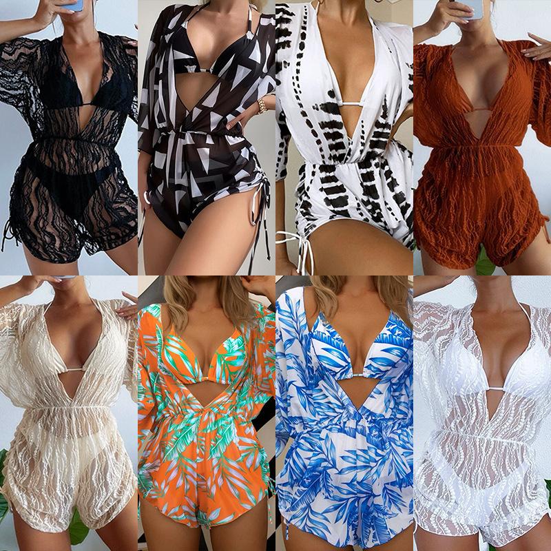 Three-piece bikini waist one-piece swimsuit high waist printed drawstring long-sleeved mesh yarn