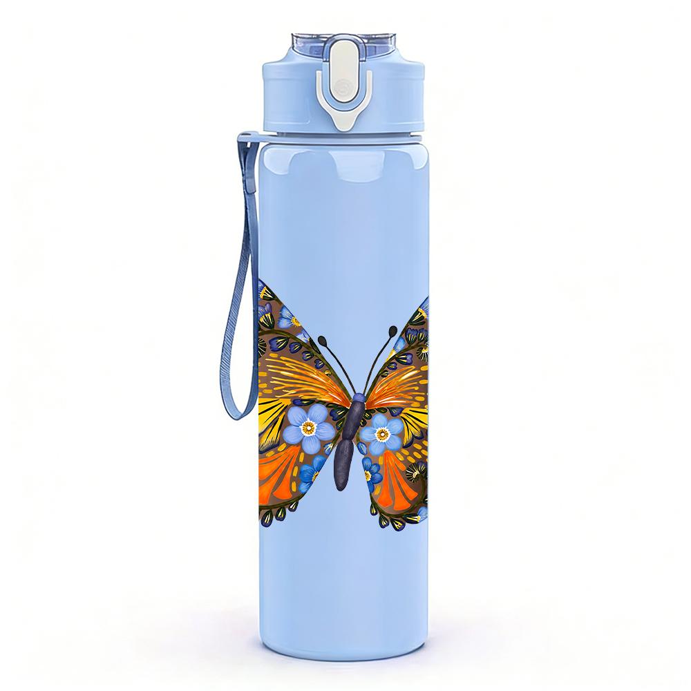1PC Colorful Tropical Butterfly 750ml Color Plastic Sports Water Bottle Leakproof Flip Straw Lid Suitable for Sports Office Home Use