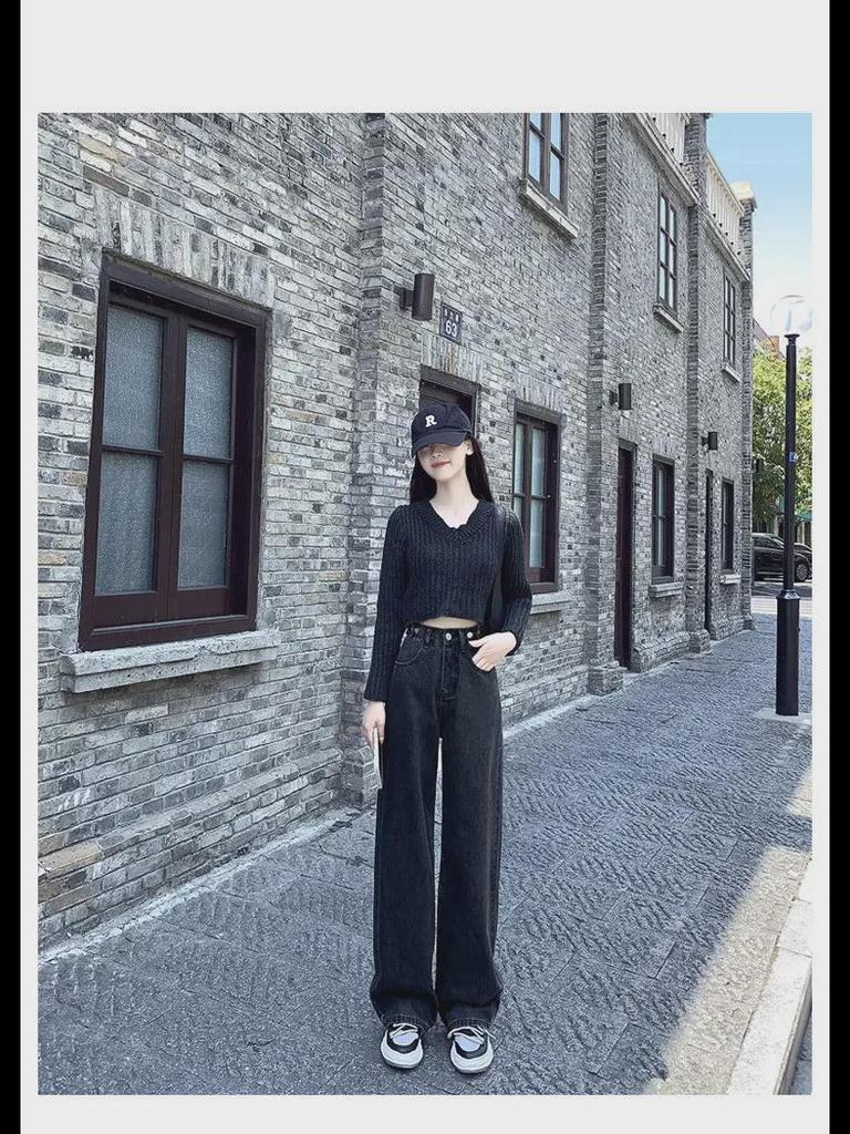 High-Waisted Black & Gray Wide-Leg Jeans - Adjustable Multi-Button Design, Loose Pear Shape, Floor Length for Women