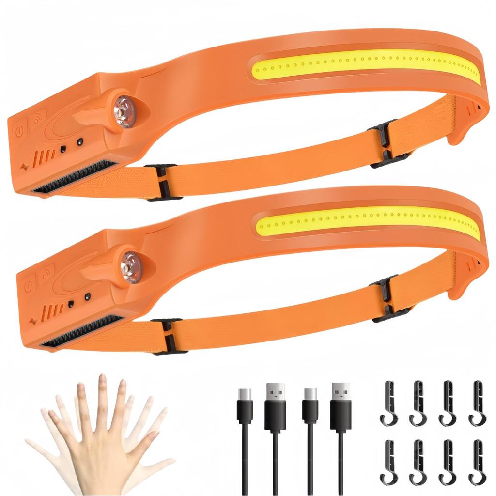 2-Pack Rechargeable Waterproof LED Headlamp with Motion Sensor for Outdoor Activities