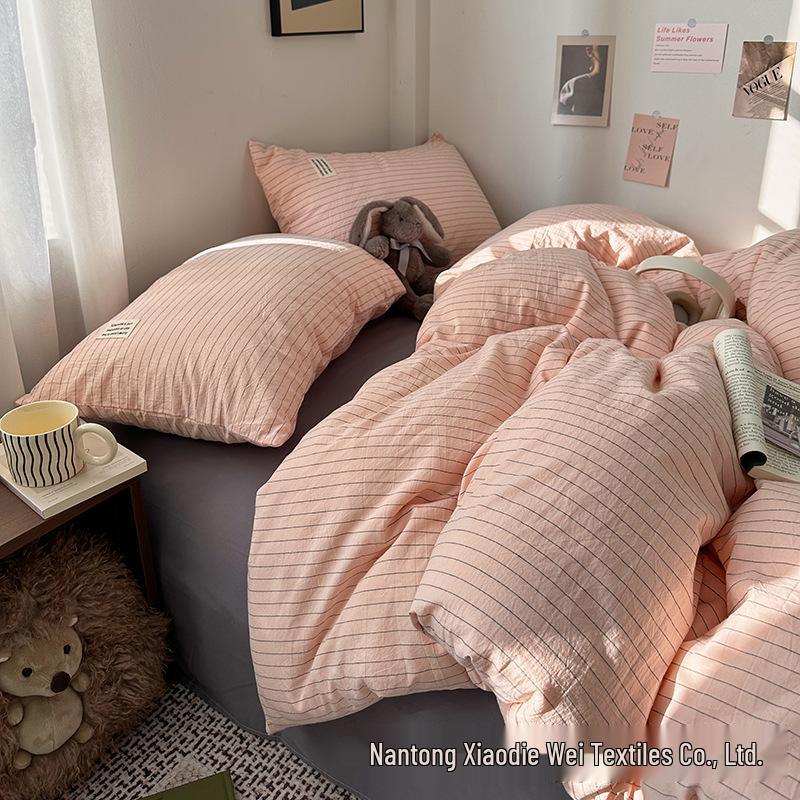 Blogger Style Cotton Striped Bedding Set - 4-Piece Duvet & Sheet Set, Home & Student Use