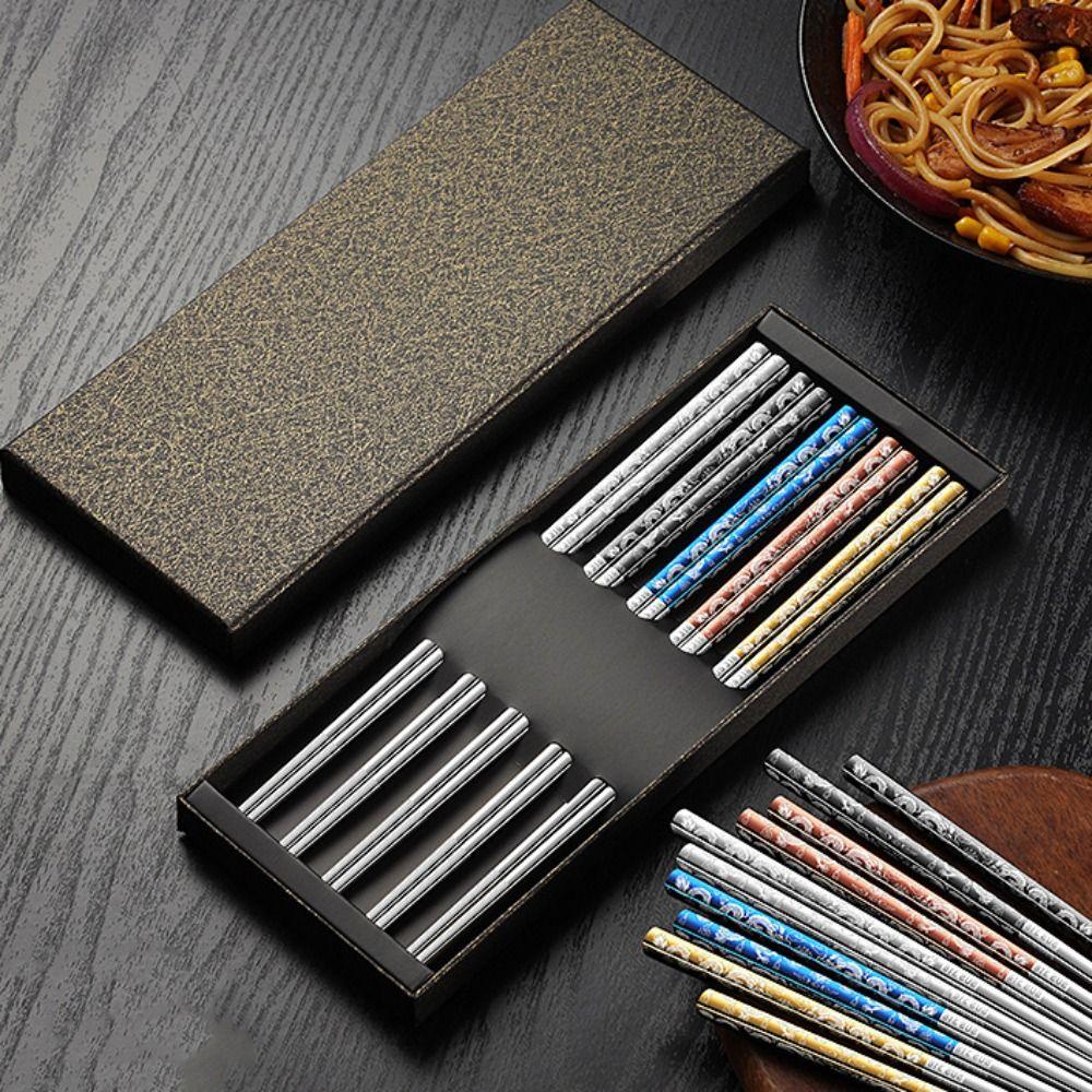 5 Pairs Mold-resistant Stainless Steel Dragon Patter Chopsticks Sushi Chopsticks  Home