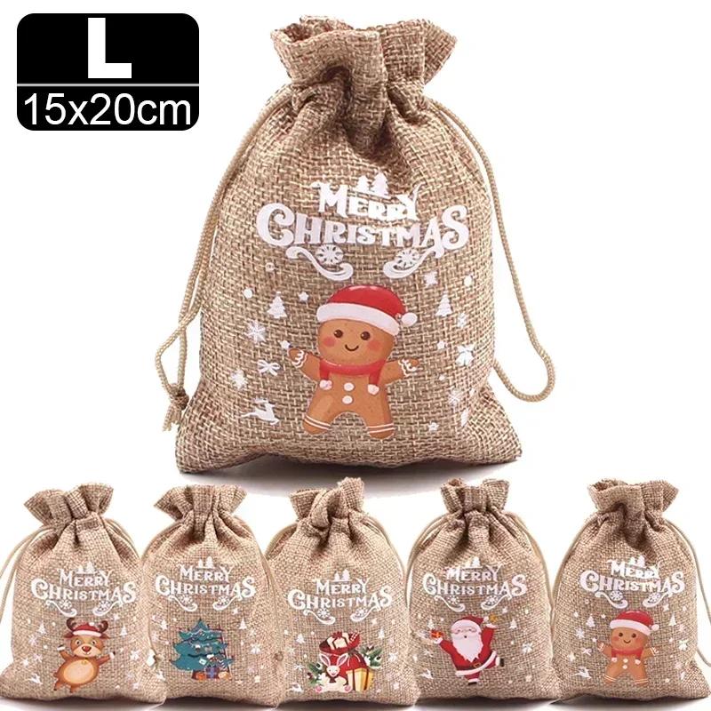 1-30Pcs Christmas Linen Bags Cartoon Santa Claus Snowman Candy Gifts Drawstring Bag for Xmas Party Packaging Storage Pouches