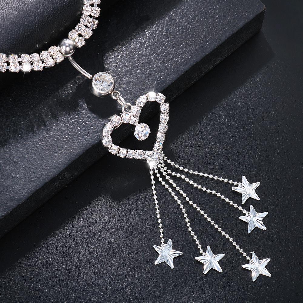 Bohemian Style Heart-Shaped Tassel Rhinestone Navel Ring with Waist Chain for Women's Belly Button Piercing Jewelry