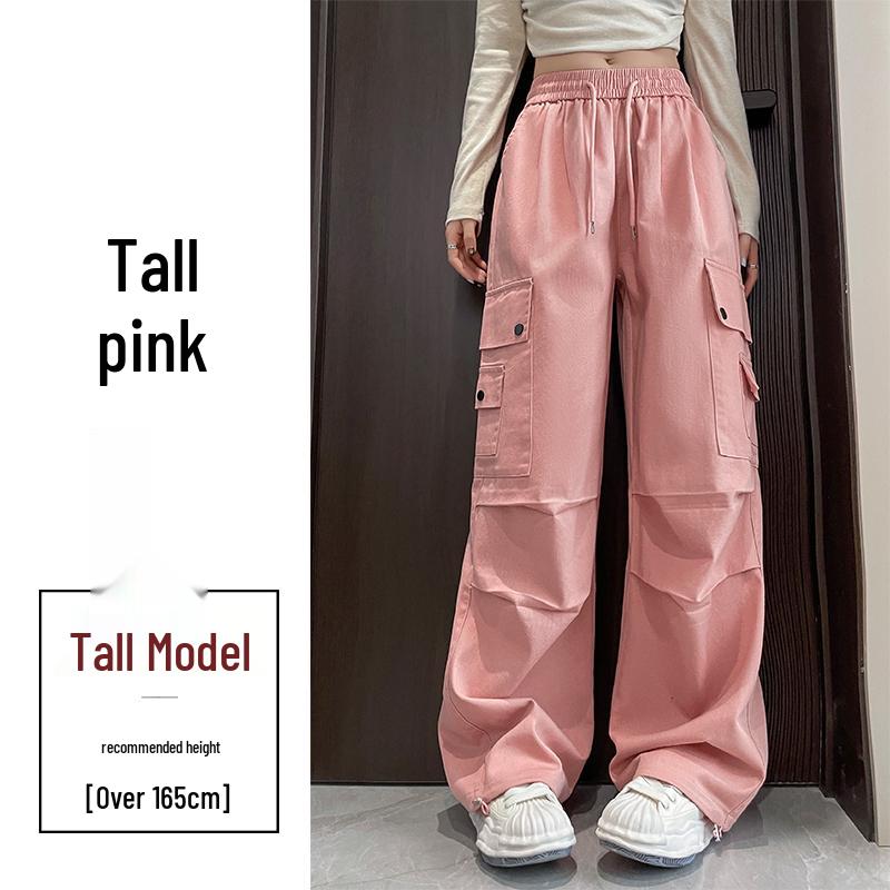 Damen High-Waist Retro Washed Baumwolle Cargohose, Lockeres Gerades Bein, Bodenlang, Aufgeschlagener Weiter Beinabschluss, Frühling Schlankmachender Stil.