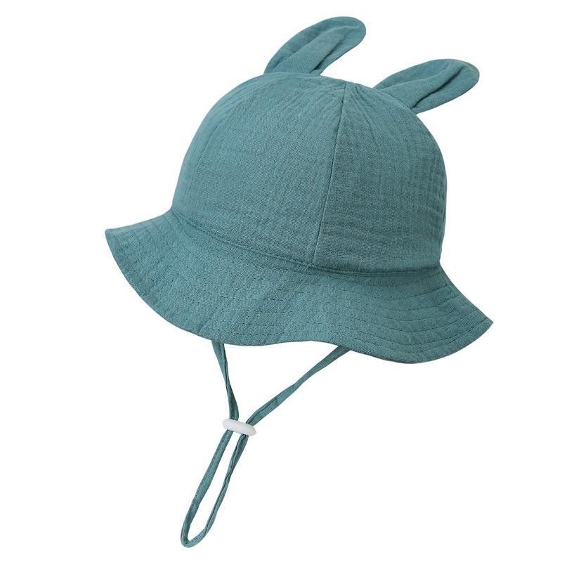 New Baby Gauze Basin Hat Baby Pleated Printed Bucket Hat Rabbit Ear Sun Hat 3-12M