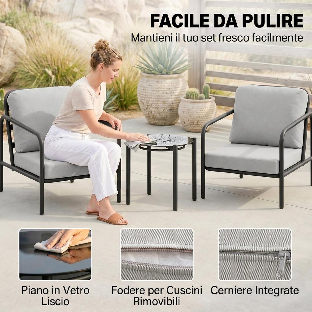 3 Piece Bistro Set In Steel With 2 Chairs With Thick Cushions Side Table With Black Tempered Glass Top