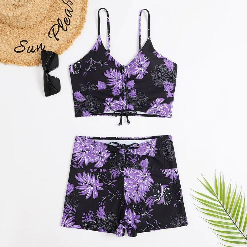 Flat-Angle Printed Two-pieceSwimsuit Multicolor Boxer Conservative Print Separates Swimsuit