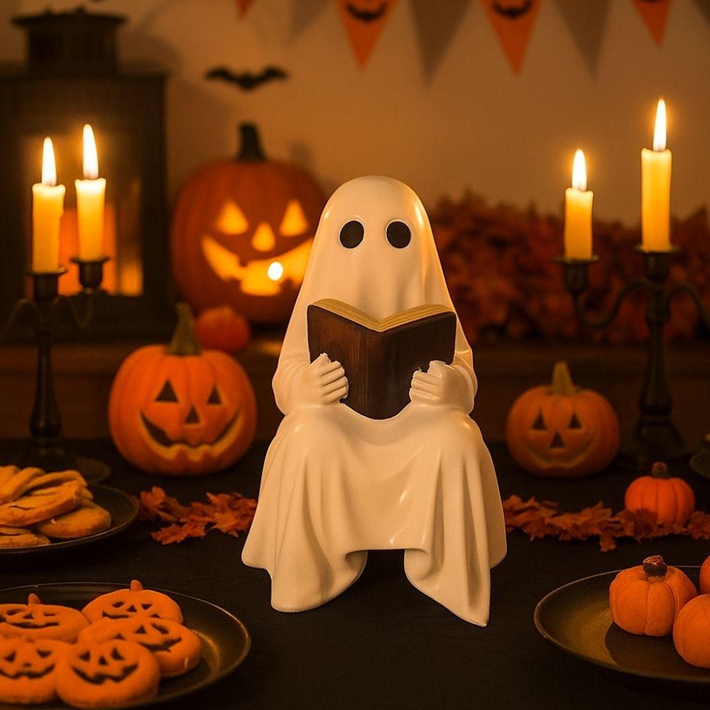 Cute Ghost Reading Statue Sitting Resin Spooky Ghost Figurine Hand Painted Reading Book Halloween Ghost Figurine Home Decor
