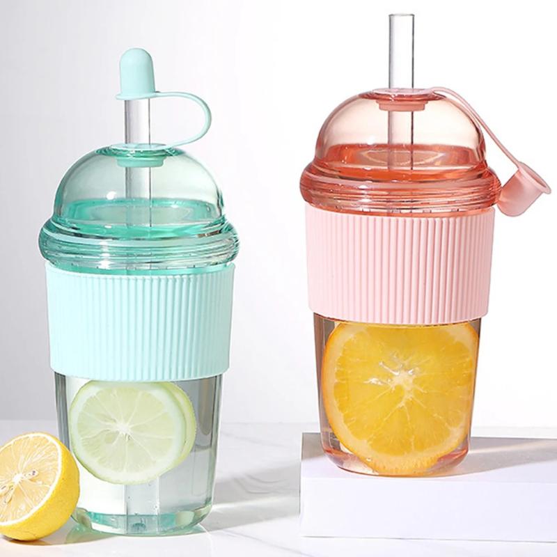 Portable Flip Straw Cup Plastics Ins Style Transparent Water Cup High-Capacity Water Bottles Tea Coffee Milk Heat-Resistant Juice Jelly Cups