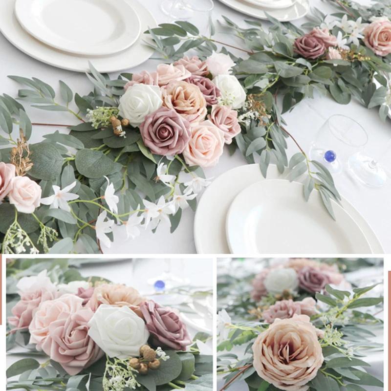 1.8/2.7M Artificial Flowers Wedding Eucalyptus Garland with Rose Wedding Table Centerpieces Boho Bridal Shower Decoration Wreath