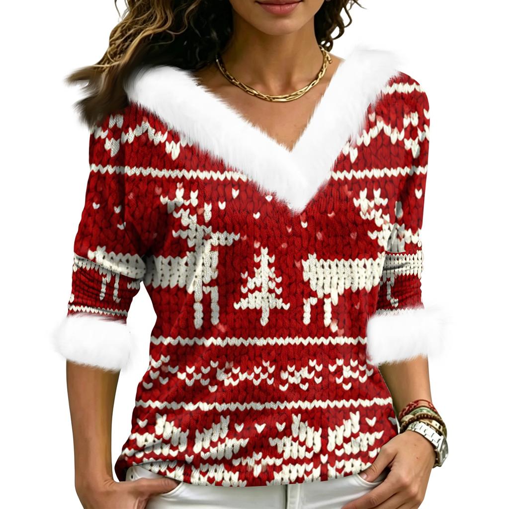 Christmas V-Neck Top with Elegant Cut for Party, Date and Everyday Wear