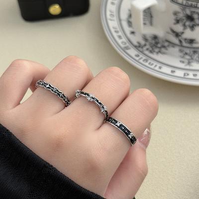 Dark Gothic Punk Black Enamel Oil Dripping Open Ring Starlight Zircon Niche High Sense Ring Female