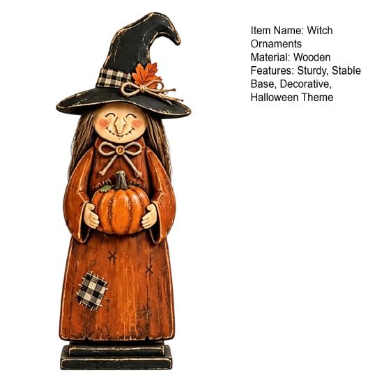 Vintage Wooden Witch Ornaments Figurine, Halloween Statues with Rustic Home Decor Broom Pumpkin Black Cat, Fall Farmhouse Tabletop Decorations