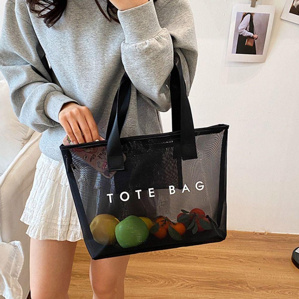 Large Capacity Mesh Tote Bag Zipper Shopping Shoulder Bag Breathable Swimming Handbag  Cosmetic