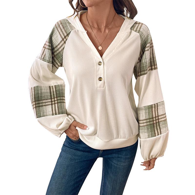 TikTok Europe 2026 Autumn/Winter Women's Plaid Patchwork Lantern Sleeve Hooded Sweatshirt