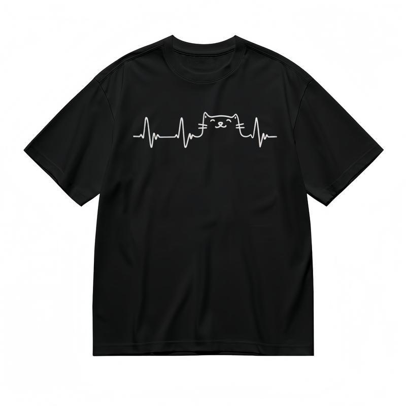 Women's Slight Stretch Breathable Classic T-Shirt Cat Heartbeat Graphic Tee