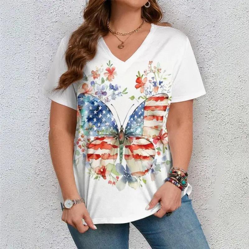 

Женская футболка с принтом стрекоз и цветов, женская футболка свободного покроя с короткими рукавами и американским флагом, повседневные топы, летняя свободная уличная одежда XL