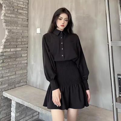 Rochie cămașă neagră coreeană Kpop Fashion Bodycon Wrap Rochii subțiri din teaca Rochii de designer cu mâneci lungi ținute de toamnă Streetwear