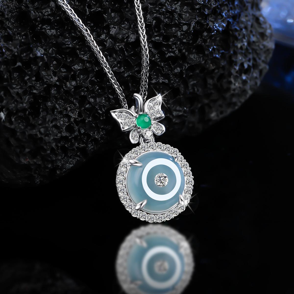 Natural blue water jadeite sterling silver s925 necklace butterfly safety buckle new Chinese sweet accessories women s pendant 925 silver