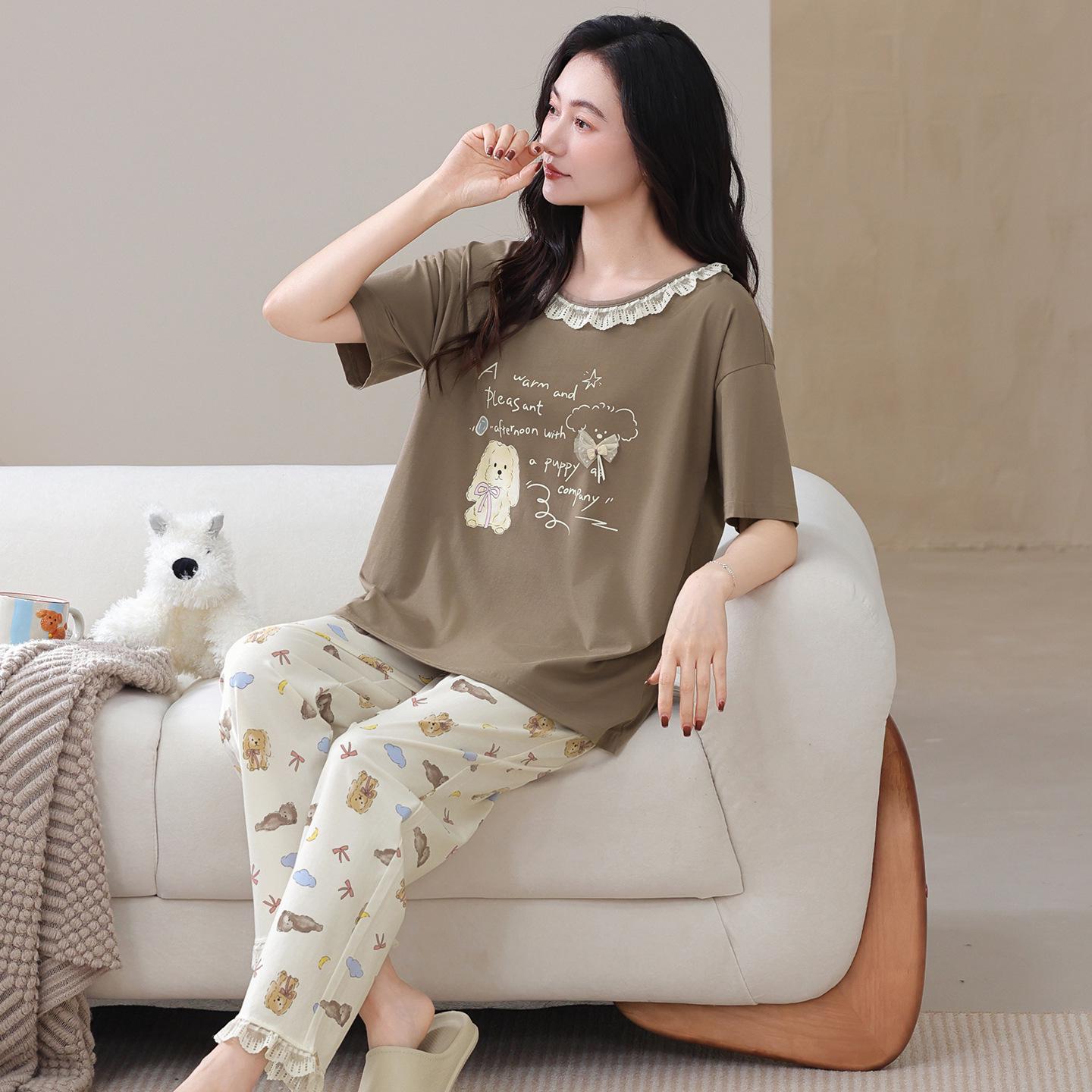 

Women s Summer Short-Sleeve Cotton Pajama Set, Sweet Cartoon Print, Korean Style, Large Size XL (120-140 jin)
