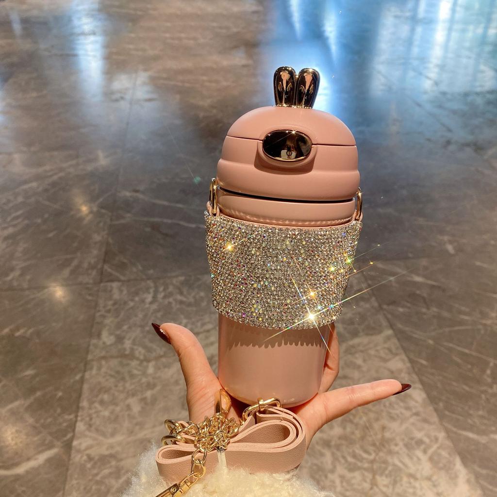Bling Strass Tasse mit Kettenseil Glitzernde Diamant Wasserflaschen Edelstahl Becher Flasche Mädchen Frauen Geschenk Niedlicher Hase