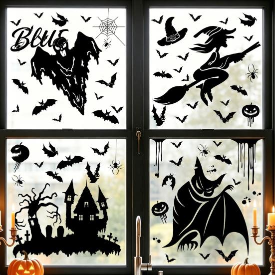 Removable Glass Clings Halloween Static Sticker with Witch/Ghost/Castle/Bat Horror Silhouette Patterns Durable PVC Spooky Shop Window Displays Wall