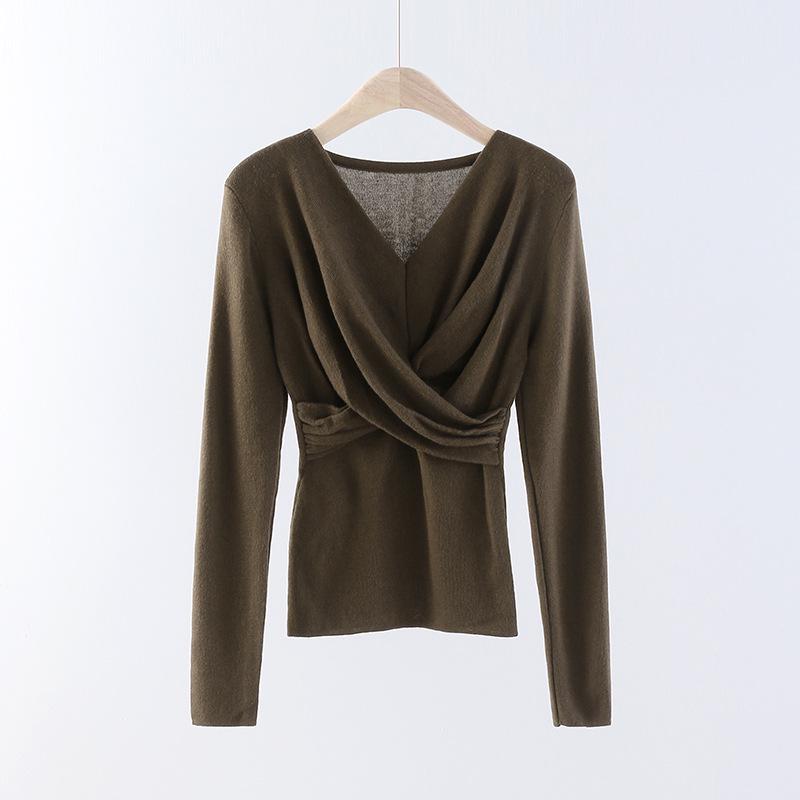 Korean V-Neck Crossover Twist Slim-Fit Wool Knit Long Sleeve Top for Women One Size коричневый