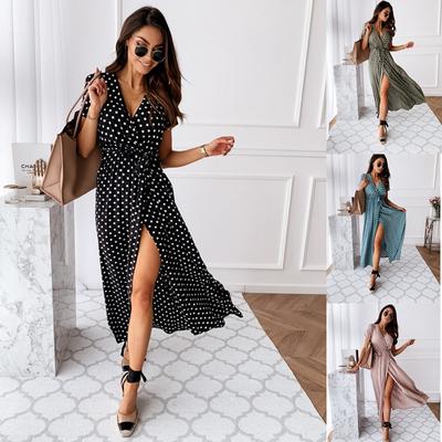 Women Fashion Polka Dot Printed Dress Sexy V-Neck Slit Bandage Dress Short Sleeve Dress
