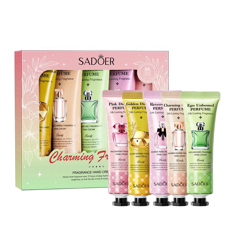 

5Pcs Perfume Fragrance Hand Cream Set Moisturizing Non-Stick Hand Cream Nourishing Moisturizing Anti-Wrinkle Hand Skin Care 5pcs