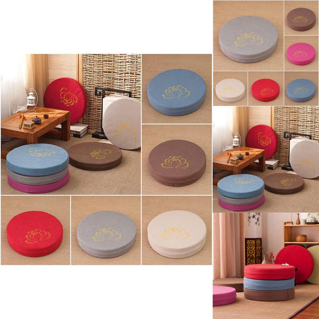 Plush Round Tatami Cushion Pad With Removable Washable Cover And Lotus Print