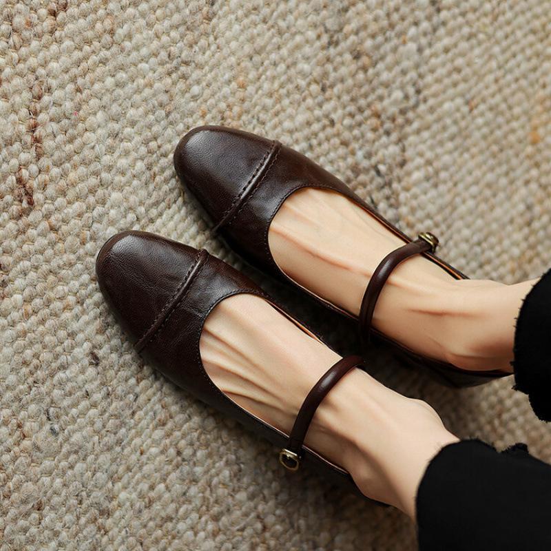 New Medium-heeled Sheepskin Women's Shoes Low-top Soft Leather Round-head Single Shoes Women's Shallow Mouth Non-slip Beef Tendon Soft-soled S