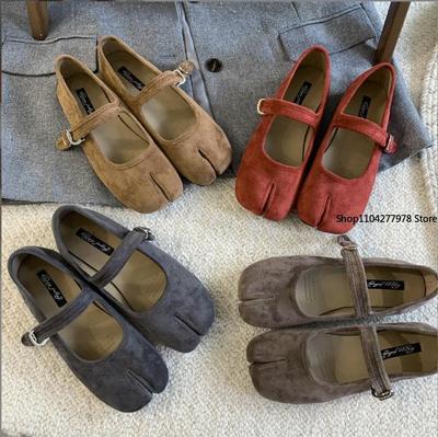 Fashion 2025 Woman 3cm High Heel Split Toe Tabi Shoes Solid Colors Female Suede Shoes Ballet Dress Comfortable Retro Mary Janes